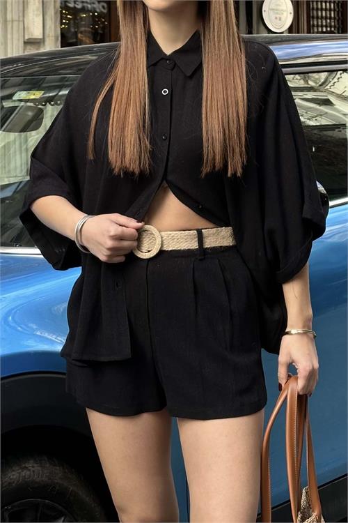 Kadın Siyah Rengi Keten Görünümlü Gömlek Şort Takım – Yazlık Günlük Şık Kombin HSZ014 