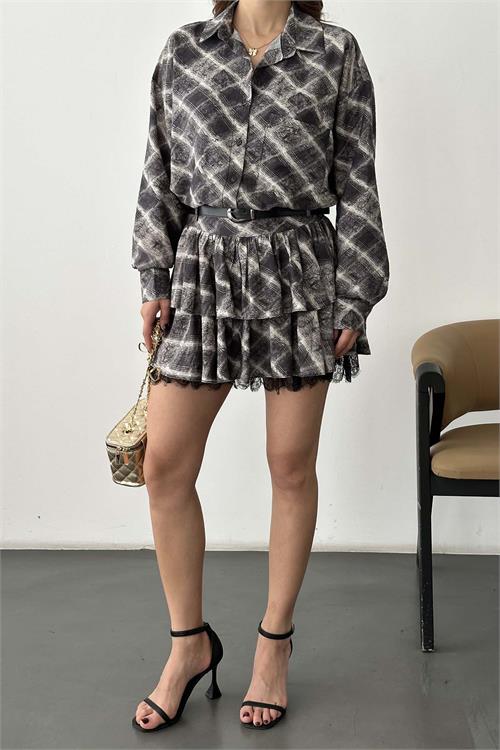 Kadın Gri desenli Etek Gömlek Takım Kemer Aksesuarlı HSZ038 