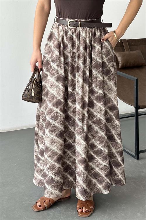 Kadın Kahverengi Kare Desenli Maxi Etek – Kemerli Cepli HSZ036 