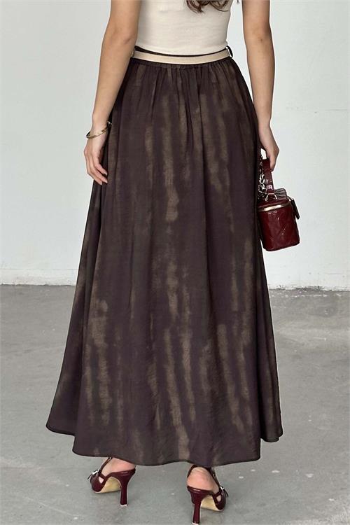 Kadın Kahverengi Desenli Kemerli Uzun Etek - HSZ037 