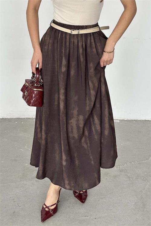 Kadın Kahverengi Desenli Kemerli Uzun Etek - HSZ037 