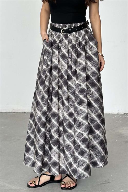 Kadın Gri Kare Desenli Maxi Etek – Kemerli Cepli HSZ036 