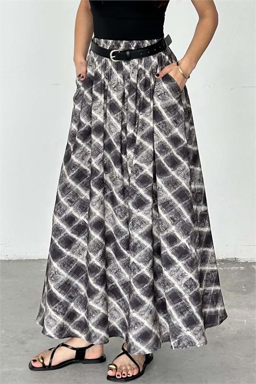 Kadın Gri Kare Desenli Maxi Etek – Kemerli Cepli HSZ036 