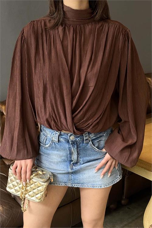 Kadın Kahverengi Drapeli Modal Bluz Balıkçı Yaka Uzun Kollu HSZ058 