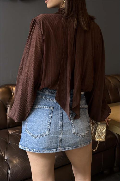 Kadın Kahverengi Drapeli Modal Bluz Balıkçı Yaka Uzun Kollu HSZ058 