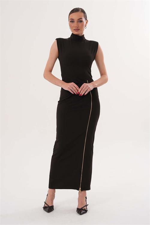 Kadın Kahverengi Poli Viskon Kumaş Fermuar Detaylı Yırtmaçlı Dik Yaka Uzun Elbise HSZ071 