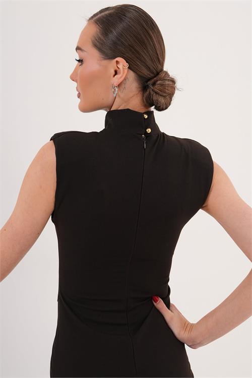 Kadın Kahverengi Poli Viskon Kumaş Fermuar Detaylı Yırtmaçlı Dik Yaka Uzun Elbise HSZ071 