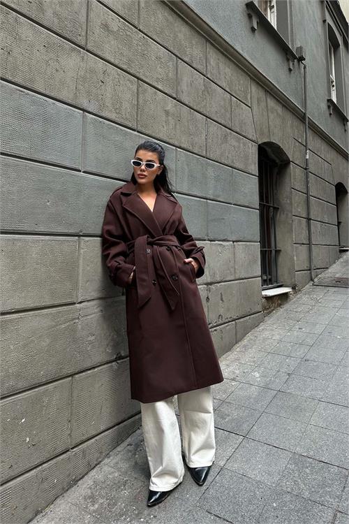 Kadın Kahve Kuşaklı Kruvaze Yaka Uzun Kaşe Kaban HSZ001 