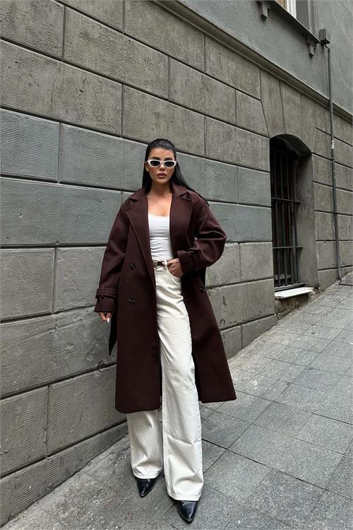 Kadın Kahve Kuşaklı Kruvaze Yaka Uzun Kaşe Kaban HSZ001 