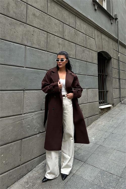 Kadın Kahve Kuşaklı Kruvaze Yaka Uzun Kaşe Kaban HSZ001 