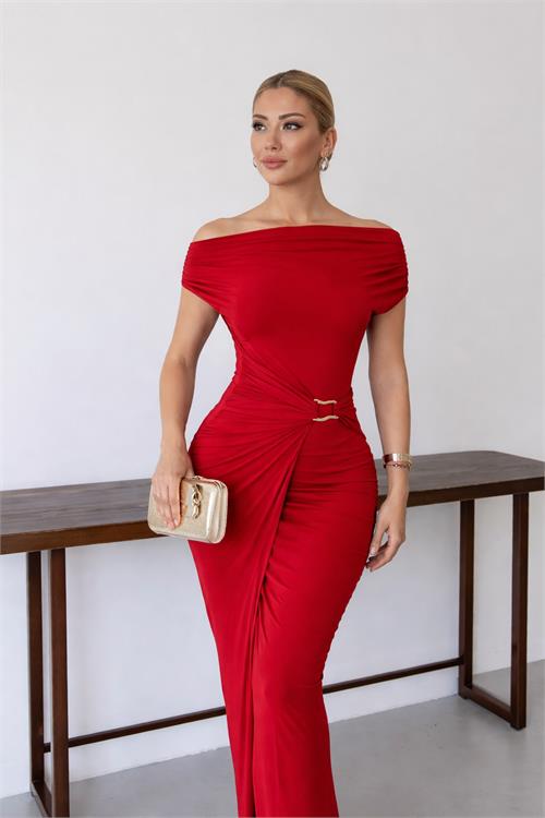 Kadın Kırmızı Örme Sandy Kumaş Likralı Esnek Drapeli Aksesuar Detaylı Midi Elbise HSZ072 