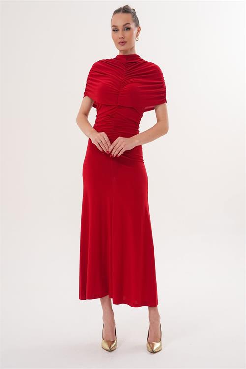 Kadın Kırmızı Büzgü Detaylı Yüksek Yaka Uzun Sandy Kumaş Elbise HSZ066 
