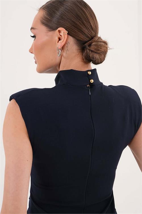 Kadın Lacivert Poli Viskon Kumaş Fermuar Detaylı Yırtmaçlı Dik Yaka Uzun Elbise HSZ071 