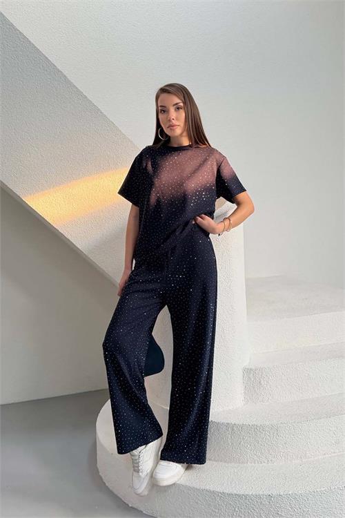 Kadın Lacivert Taş Serpme Detaylı Tişört Pantolon Takım Cepli Rahat Kalıp HSZ042 