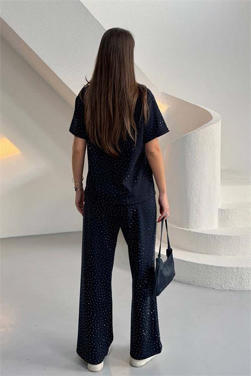 Kadın Lacivert Taş Serpme Detaylı Tişört Pantolon Takım Cepli Rahat Kalıp HSZ042 