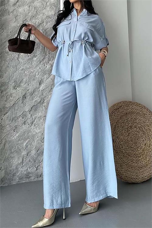 Kadın Mavi Bağlama Detaylı Apoletli Keten Gömlek Pantolon Takım HSZ057 