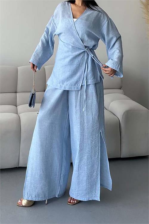 Kadın Mavi Keten Kumaş Pantolonlu İkili Takım HSZ053 