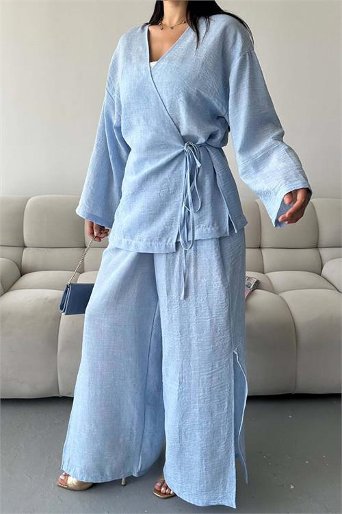 Kadın Mavi Keten Kumaş Pantolonlu İkili Takım HSZ053 