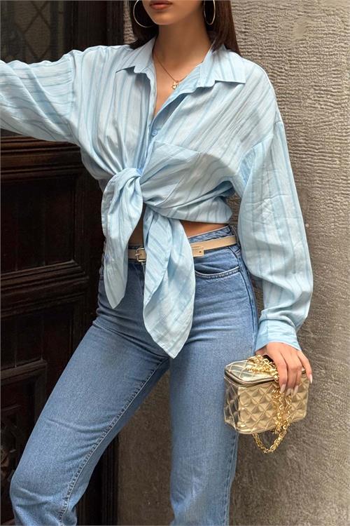Kadın Mavi Çizgili Oversize Gömlek Düğmeli Cepli Uzun Kollu HSZ062 