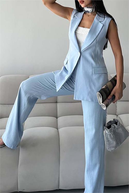Kadın Mavi Keten Kumaş Cepli Pantolon & Cep Kapaklı Blazer Yelek İkili Takım HSZ052 