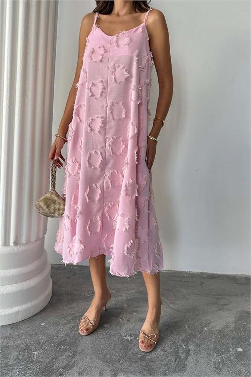 Kadın Pudra Askılı Keten Midi Elbise Salaş Kesim Yazlık Rahat Elbise HSZ050 