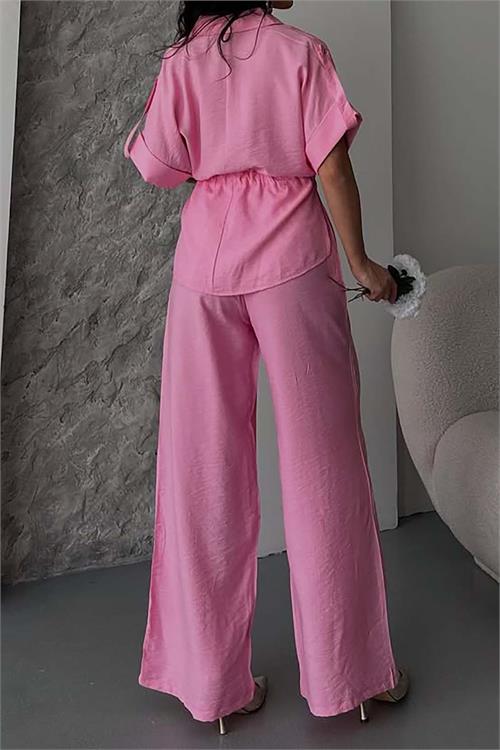 Kadın Pembe Bağlama Detaylı Apoletli Keten Gömlek Pantolon Takım HSZ057 