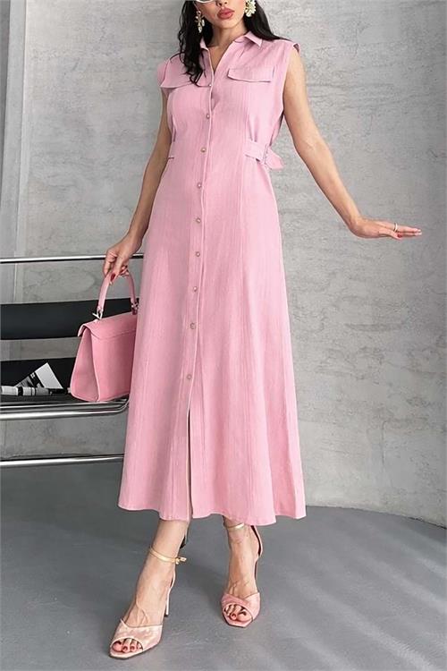 Kadın Pudra Keten Kumaş Apoletli Düğmeli Midi Elbise HSZ051 