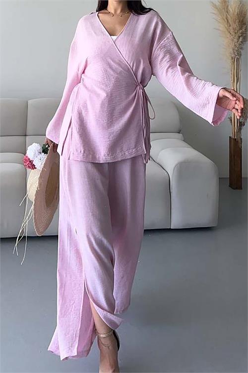 Kadın Pembe Keten Kumaş Pantolonlu İkili Takım HSZ053 