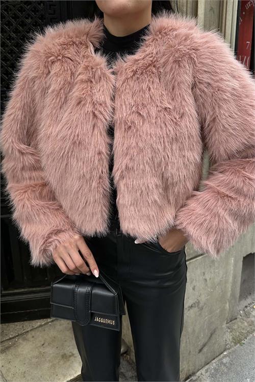 Kadın Pembe Krop Astarlı Kürk Mont HSZ008 