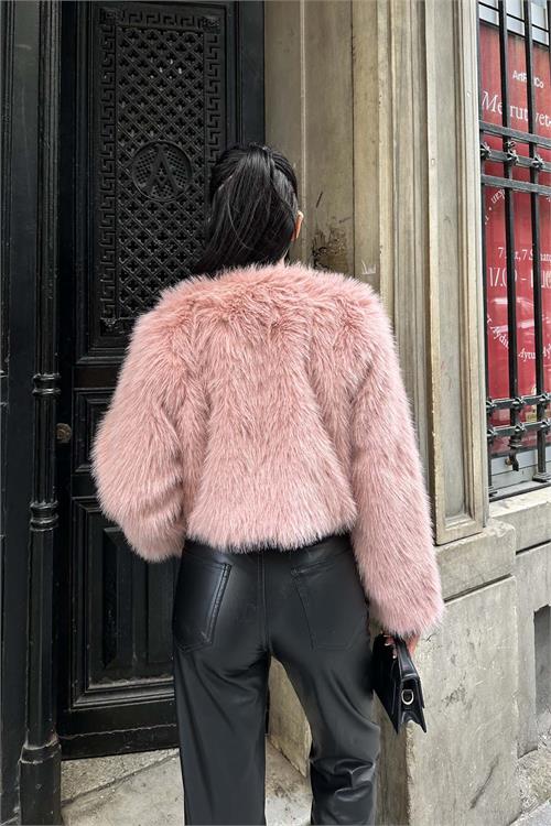 Kadın Pembe Krop Astarlı Kürk Mont HSZ008 