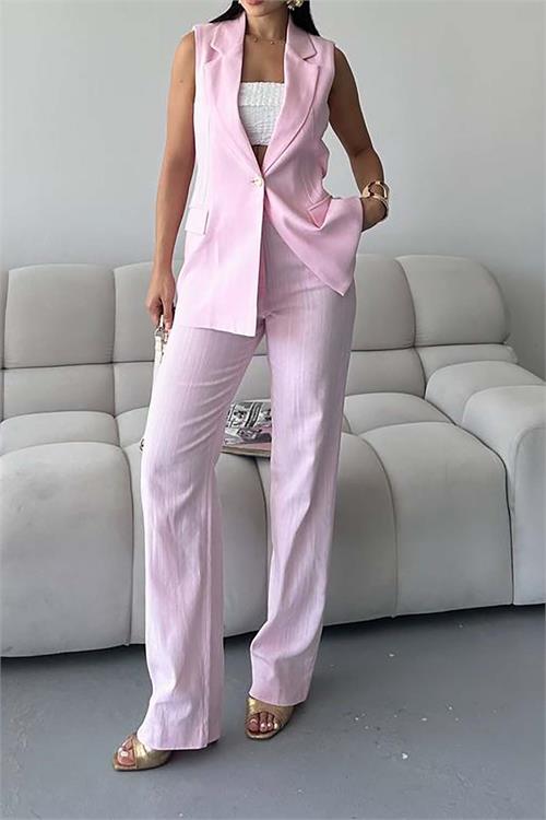Kadın Pembe Keten Kumaş Cepli Pantolon & Cep Kapaklı Blazer Yelek İkili Takım HSZ052 
