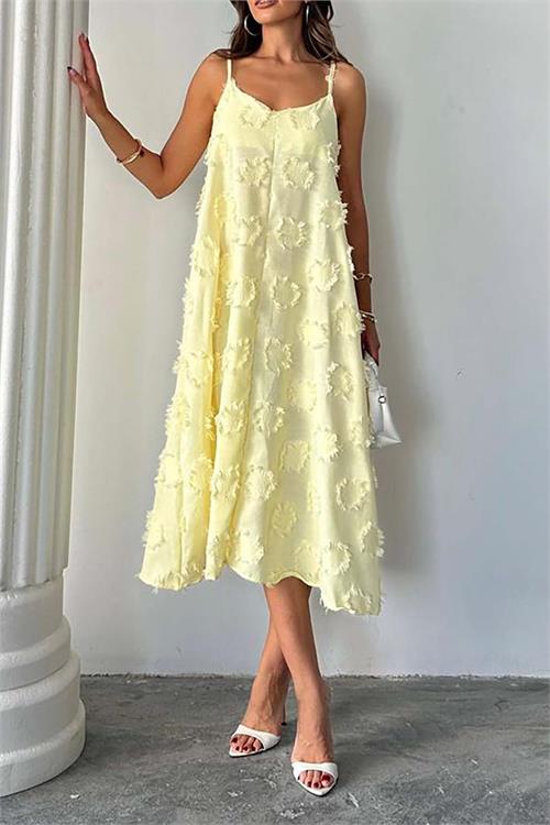 Kadın Sarı Askılı Keten Midi Elbise Salaş Kesim Yazlık Rahat Elbise HSZ050 