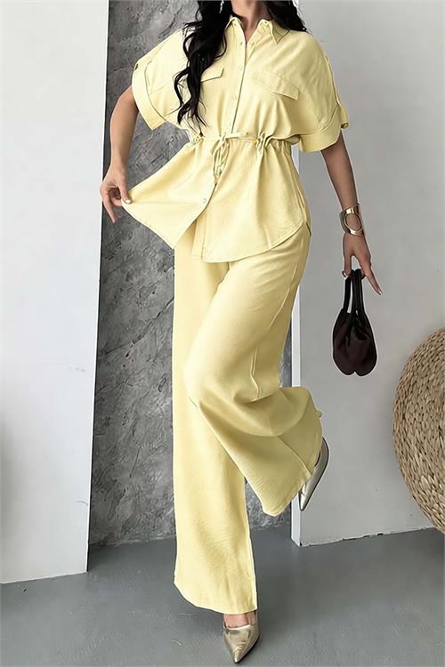 Kadın Sarı Bağlama Detaylı Apoletli Keten Gömlek Pantolon Takım HSZ057 