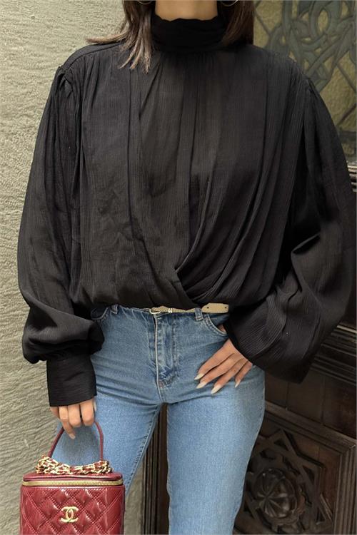 Kadın Siyah Drapeli Modal Bluz Balıkçı Yaka Uzun Kollu HSZ058 