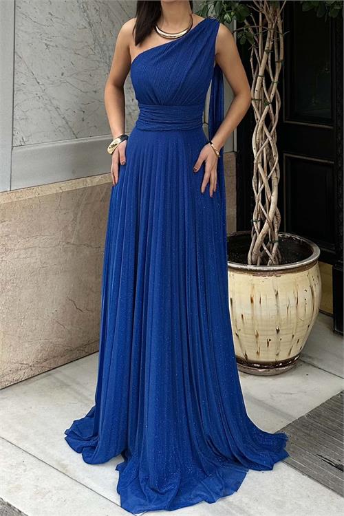 Kadın Saks Tek Omuz Simli Piliseli Tül Uzun Abiye Elbise Astarlı HSZ046 