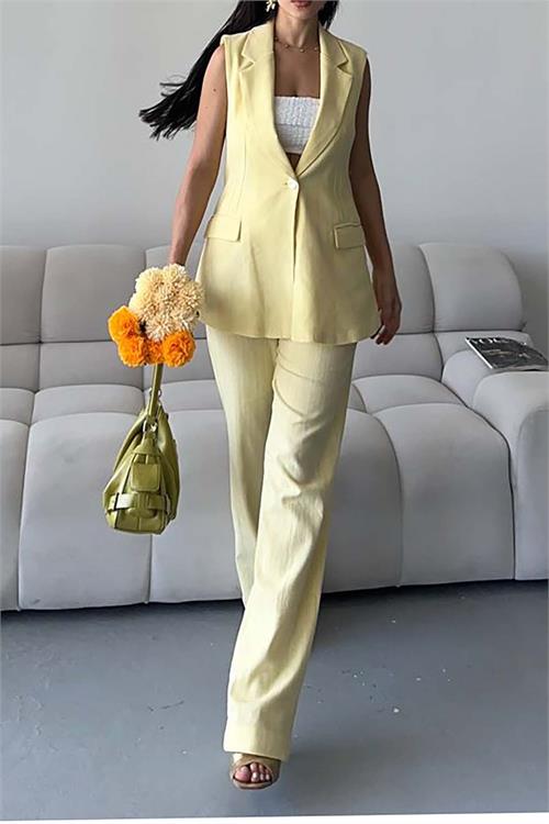 Kadın Sarı Keten Kumaş Cepli Pantolon & Cep Kapaklı Blazer Yelek İkili Takım HSZ052 