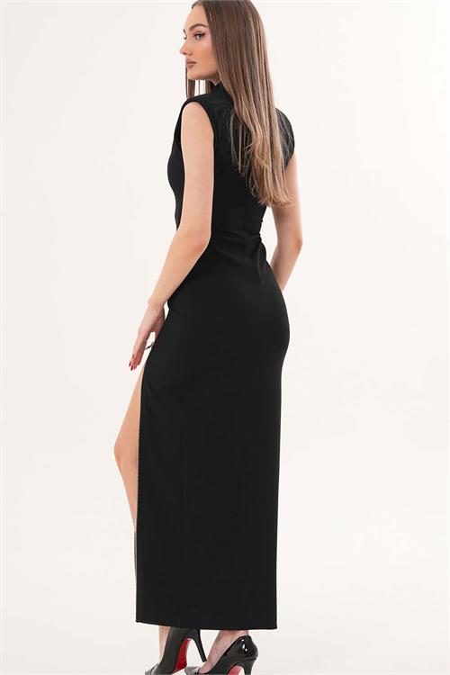 Kadın Siyah Poli Viskon Kumaş Fermuar Detaylı Yırtmaçlı Dik Yaka Uzun Elbise HSZ071 