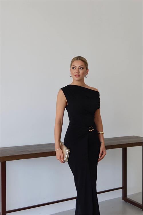 Kadın Siyah Örme Sandy Kumaş Likralı Esnek Drapeli Aksesuar Detaylı Midi Elbise HSZ072 