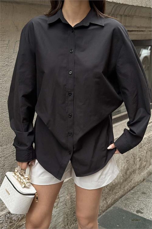 Kadın Siyah Oversize Gömlek Düğmeli Uzun Kollu Şık Kesim HSZ059 