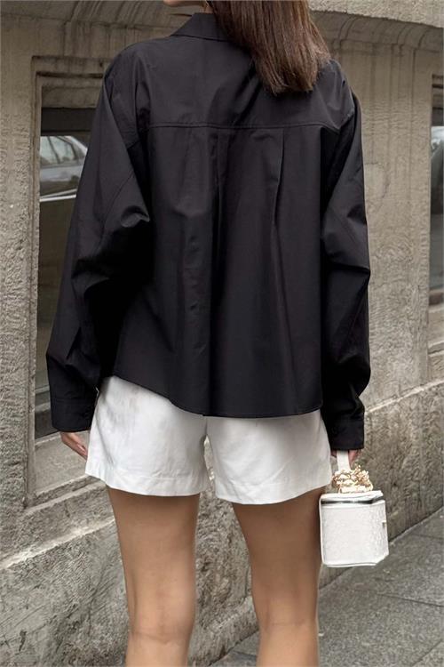 Kadın Siyah Oversize Gömlek Düğmeli Uzun Kollu Şık Kesim HSZ059 