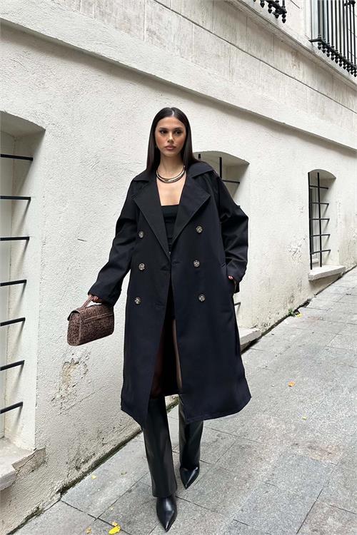 Kadın Siyah Kuşaklı Düğmeli Bondit Kumaş Su Gecirmez Trençkot HSZ028 