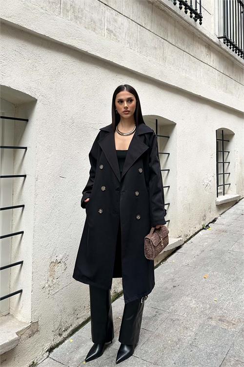 Kadın Siyah Kuşaklı Düğmeli Bondit Kumaş Su Gecirmez Trençkot HSZ028 