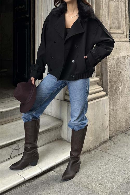 Kadın Siyah Kürk Yaka Detaylı Oversize Mont Cepli HSZ021 