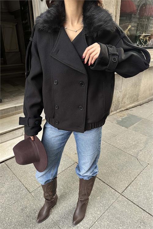 Kadın Siyah Kürk Yaka Detaylı Oversize Mont Cepli HSZ021 