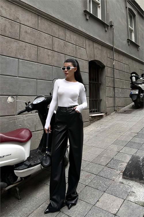 Kadın Siyah Yüksek Bel Bol Paça Deri Pantolon HSZ010 