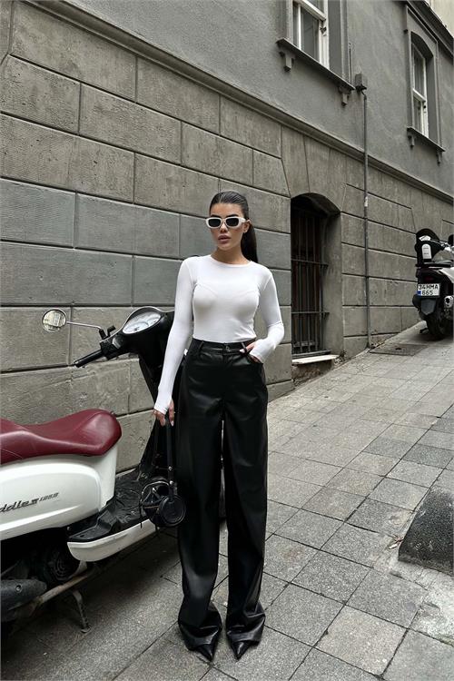 Kadın Siyah Yüksek Bel Bol Paça Deri Pantolon HSZ010 