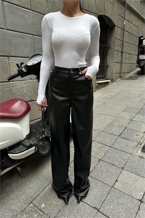 Kadın Siyah Yüksek Bel Bol Paça Deri Pantolon HSZ010 