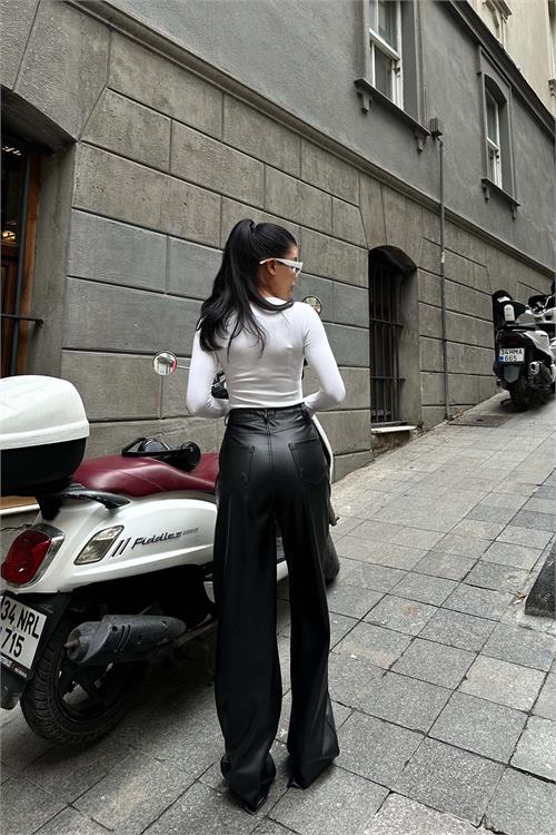 Kadın Siyah Yüksek Bel Bol Paça Deri Pantolon HSZ010 