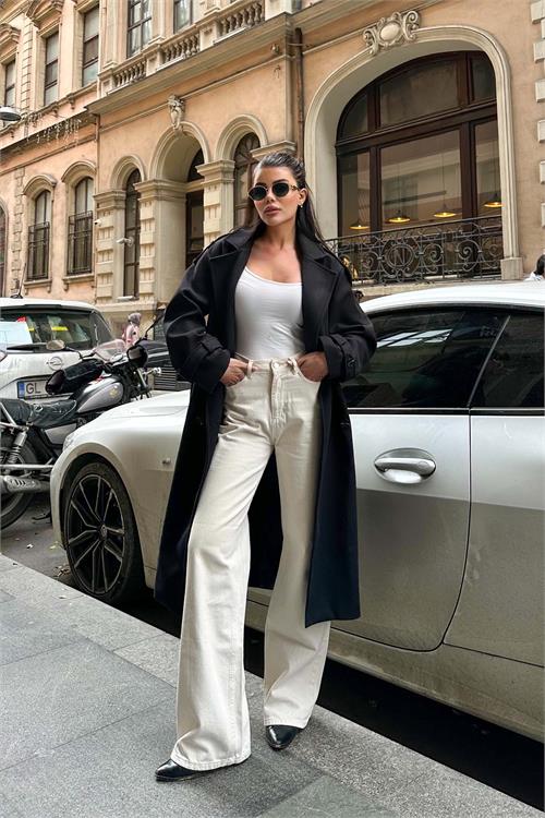 Kadın Siyah Kuşaklı Kruvaze Yaka Uzun Kaşe Kaban HSZ001 