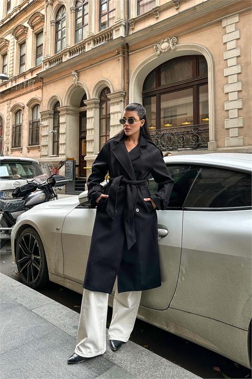 Kadın Siyah Kuşaklı Kruvaze Yaka Uzun Kaşe Kaban HSZ001 